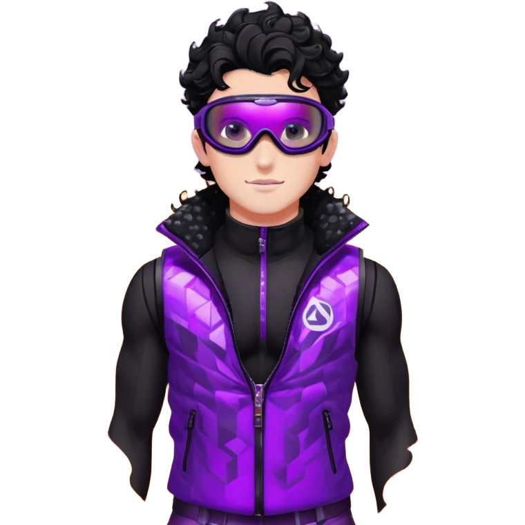 male athlete with white skin and moderately curly black hair on top with shaved sides, wearing ski goggles with purple frames and very dark black lenses, a simple plain black chain necklace, and a completely unzipped shiny vest with purple and black sequin fire pattern design, fully revealing his chest and abs, no earrings emoji