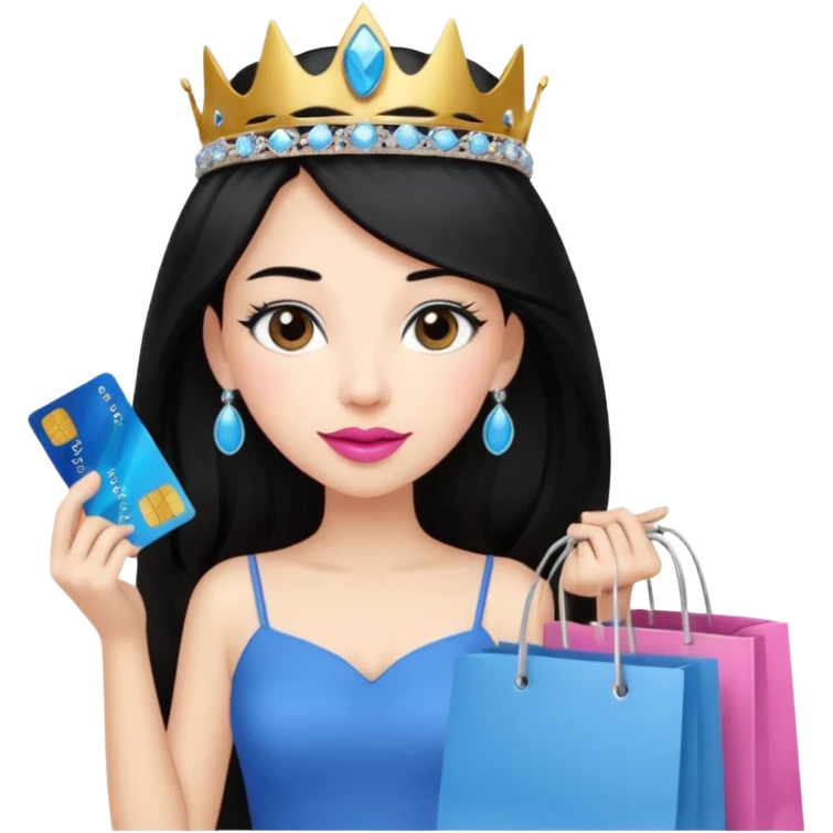 Girl with long black hair and tiara pink lipstick, brown eyes holding shopping bags and blue credit card emoji