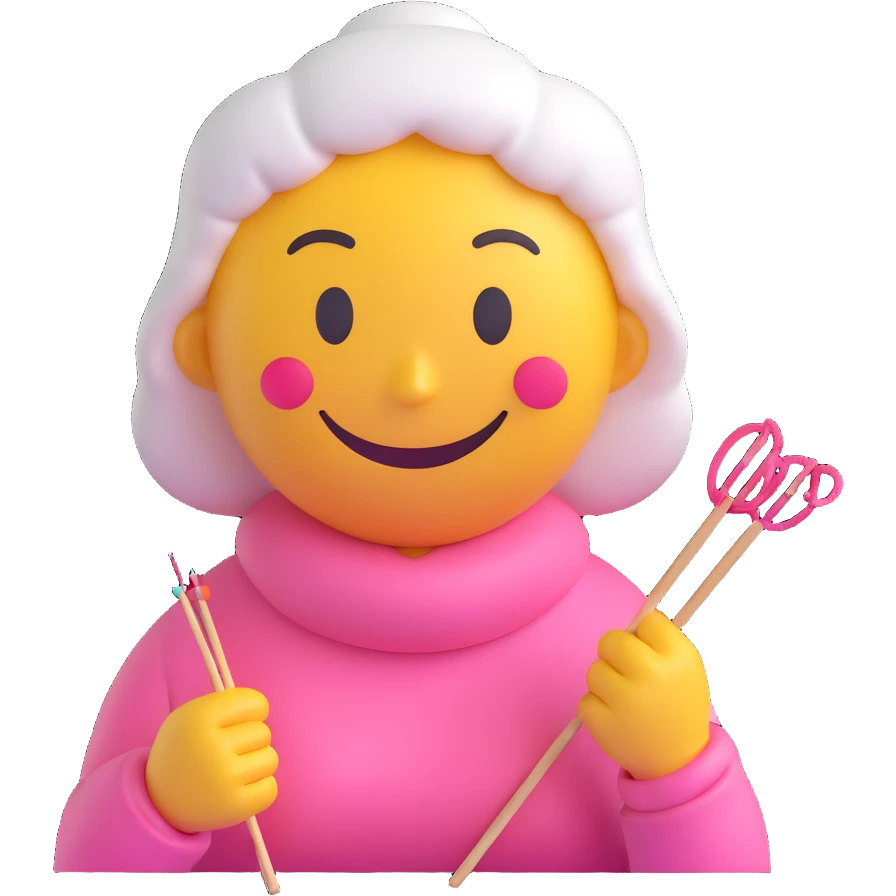 3D smiley emoji, round shape, grandmother with knitting needles, pink color, smiling face emoji