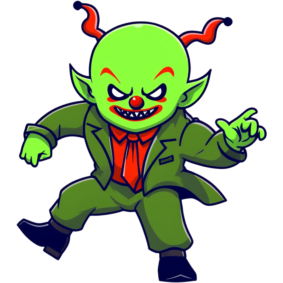 evil clown warrior, bald, small black satan-like horns on forehead, fangs, pointed ears, black and military green leisure suit with bellbottom pants, realistically proportioned, less bulky, full body, battle-ready fighting posture emoji