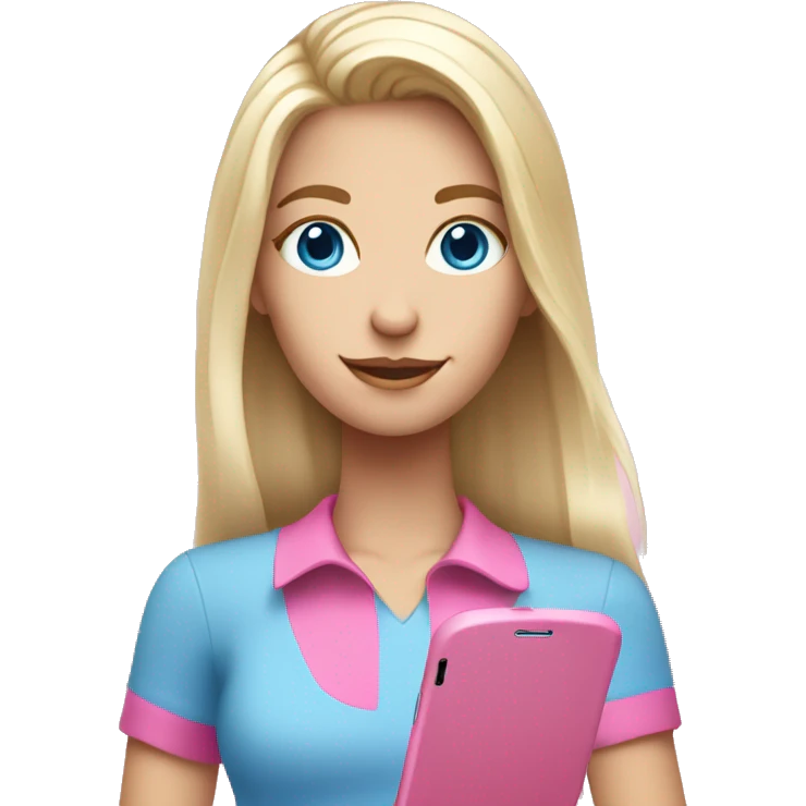 a white blond hair girl with blue eyes wearing a pink shirt holding a pink cell phone emoji