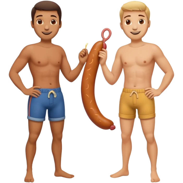Two guys standing next to each other grabbing a sausage in the other’s pants emoji