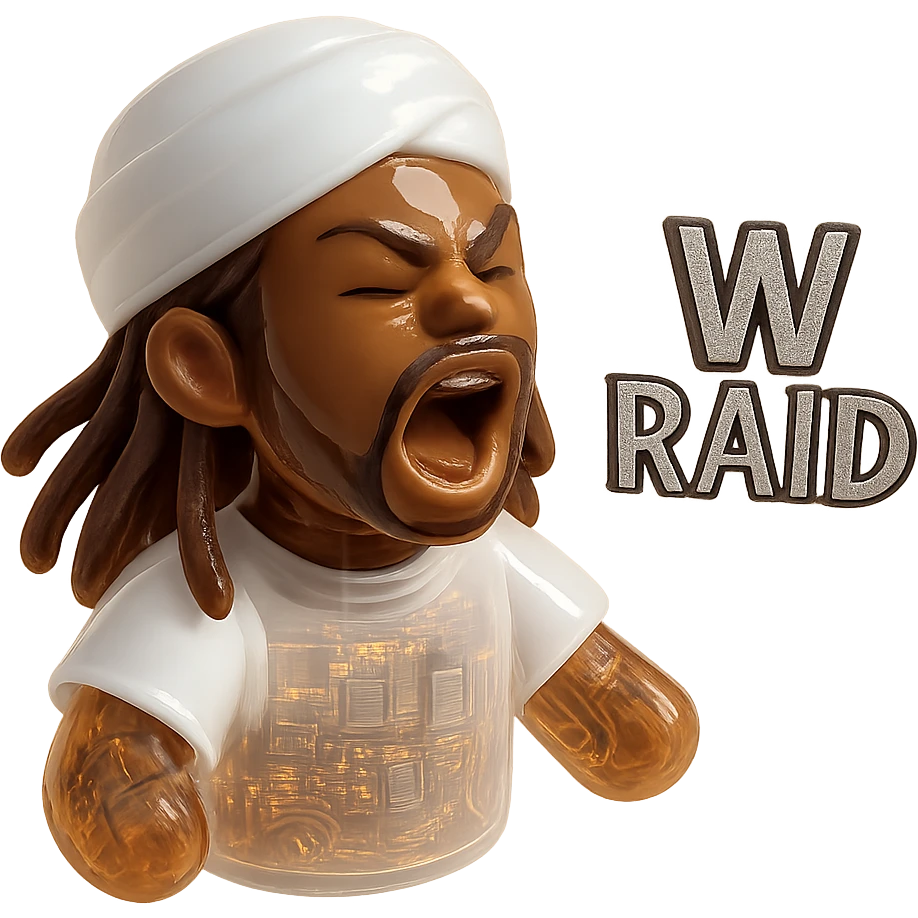 Brownskin man with long brown dreadlocks 
White  t-shirt 
WHITE turban 
expression is yelling 
Add the word W RAID emoji