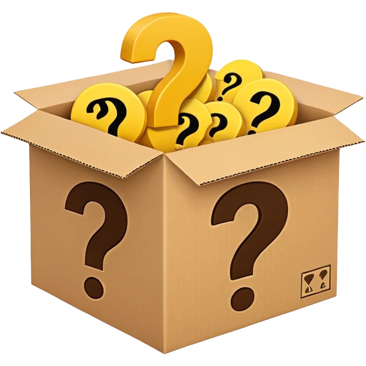 amazon box printed with q&a over stuffed with yellow question marks emoji