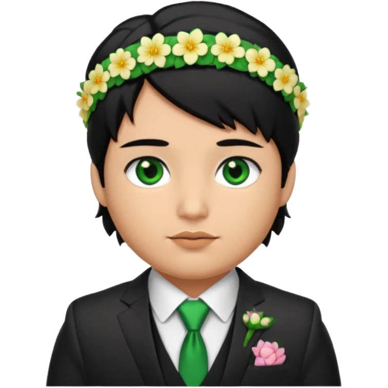 black haired green eyes very plump lips and floral headband that makes his hair look behind nicole peltz at wedding emoji