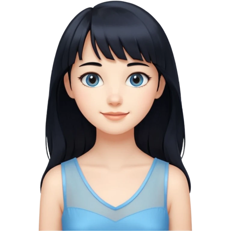 Cewe Romantis Kulit putih glowing, rambut hitam panjang  natural, poni see-through tipis. Pakai shift dress biru pastel terang senyum lembut sambil lihat ke samping. emoji