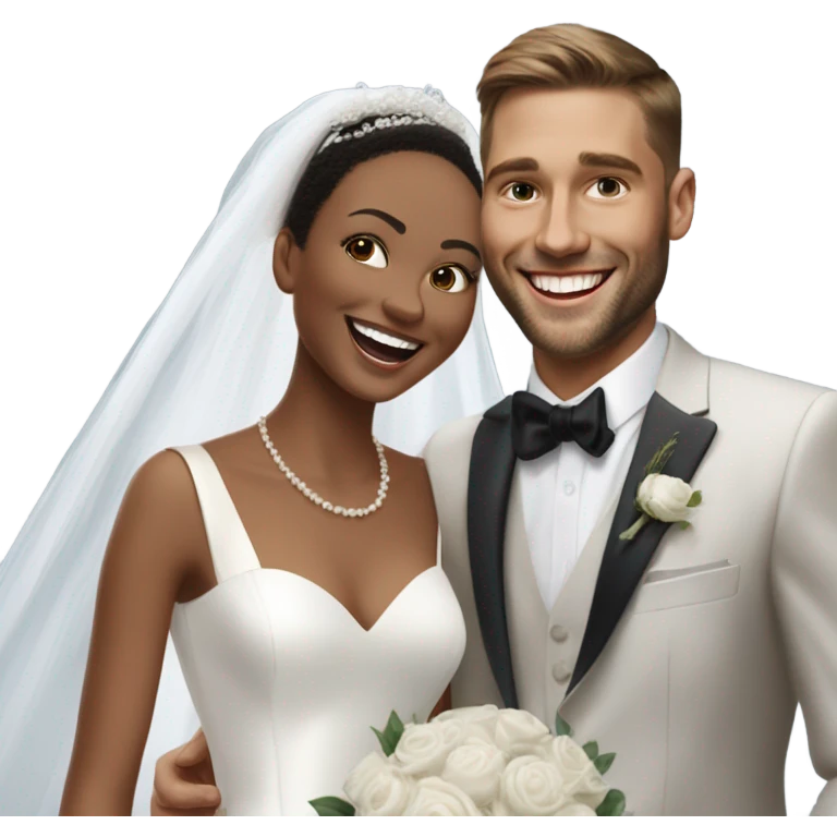 Photo Realistic dior bride laughing with a handsome male model groom
 emoji