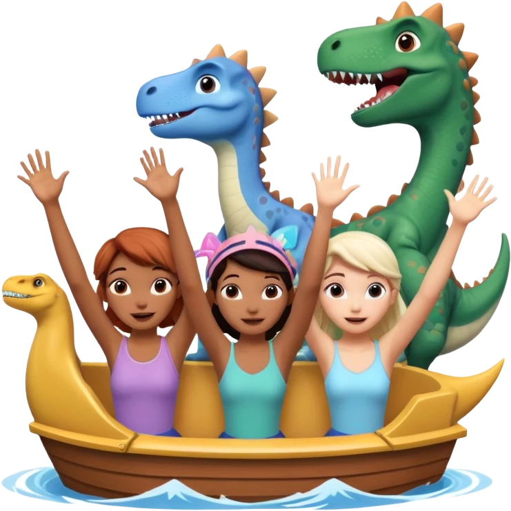 4 chicas montadas en una atraccion de levantando la mano con orejas de dines puestas en una atracción, la barca esta diseñada con dibujos de frozen emoji