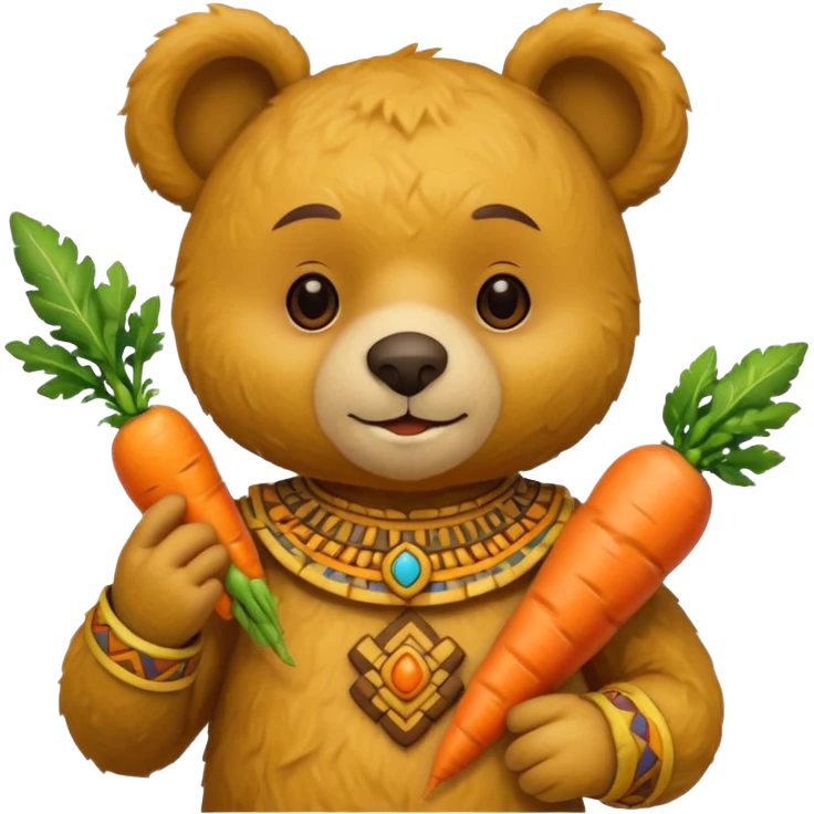 teddy bear, wearing yelloư mayan ancient custome, with carrot half body emoji