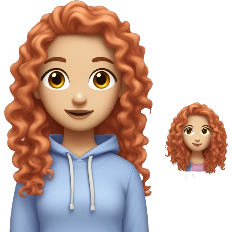 a white girl with long red curly hair, wearing a pastel periwinkle hoodie doing a pose emoji