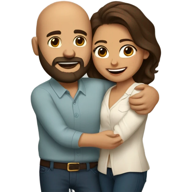 Brown-haired Puerto Rican woman with dark brown eyes wearing a cute blouse giving a comforting hug to a short, bald man with brown eyes, laugh lines, and a beard emoji