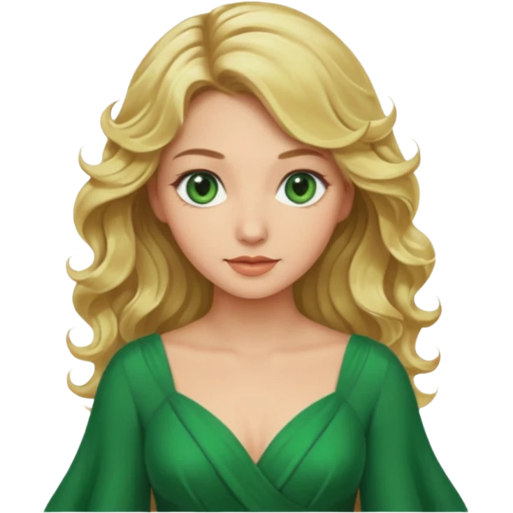 Queen, blonde wavy hair, green eyes, long green dress emoji