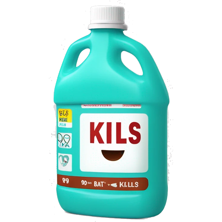 Turquoise Mouthwash bottle with white stickers and brown tap , the white stickers have red letters that say kills 99% of batería  emoji