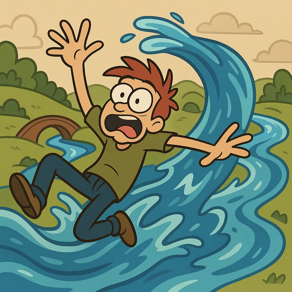 Show the flowing water as a cartoon river, with exaggerated motion, winding through a landscape, in a flat toon style. emoji