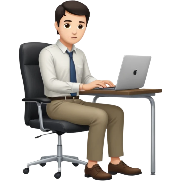 Rich man sitting on a office chair, working at desk, looking to laptop in shirt, dark hair, he is german very beautiful looks like, full body view emoji