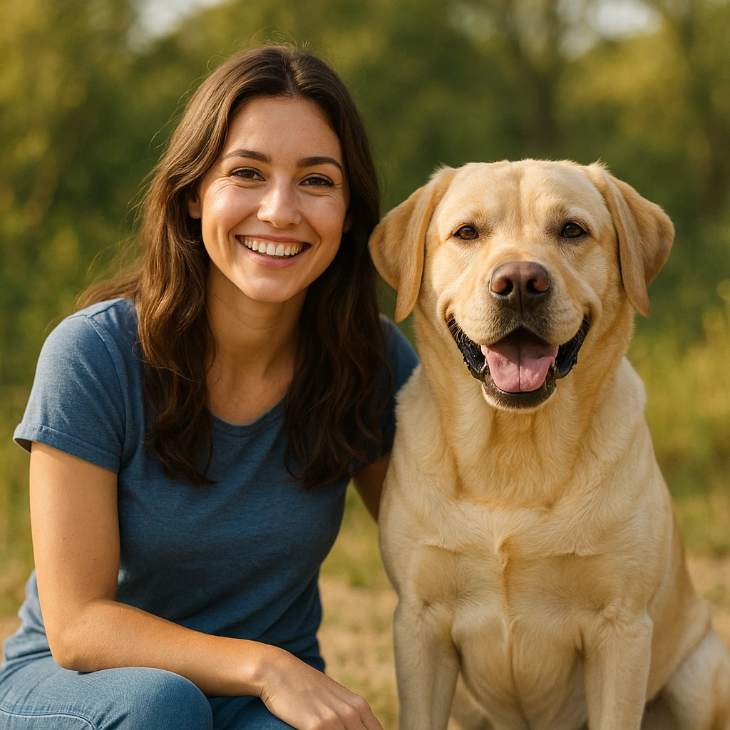 brunette girl sitting beside a yellow labrador dog, both smiling, relaxed and happy moment, natural outdoor background emoji