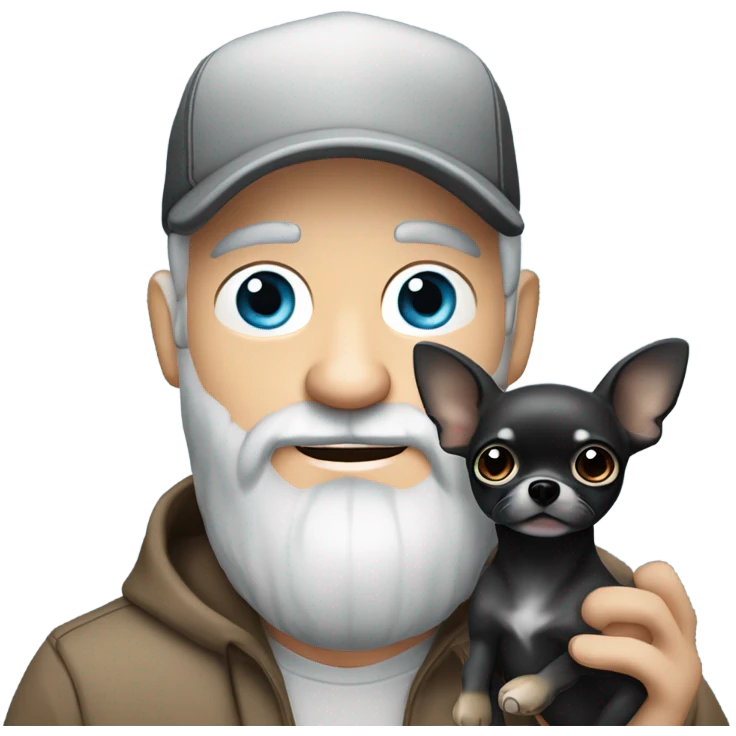 Handsome blue eyed man, with grey hair,  and grey goatee beard, wearing ball cap, holding ‘a black long hair chihuahua’ emoji