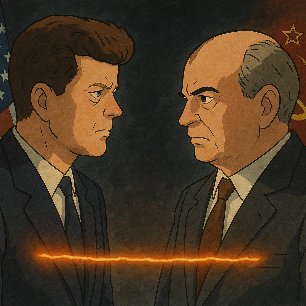 realistic illustration of John F. Kennedy and Mikhail Gorbachev facing each other, a glowing hot wire connecting them, US and Russian flags, tense Cold War atmosphere emoji