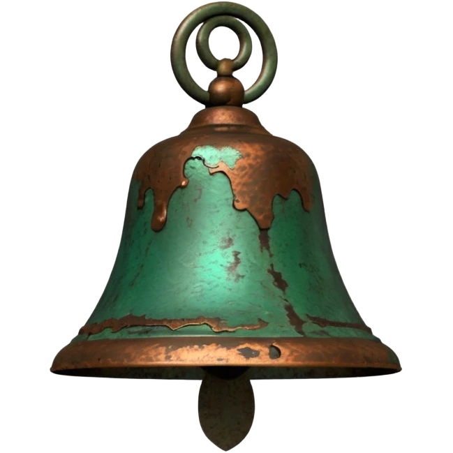3D render of Church Bell, heavily oxidized copper texture, verdigris patina, Green weathered metal surface, weathered bronze aesthetic, ancient decay, emoji style, isolated on white background --v 6.0. emoji