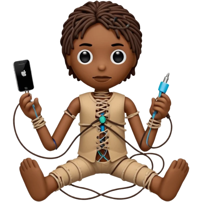 voodoo doll tightly bound with tangled AUX cables. emoji