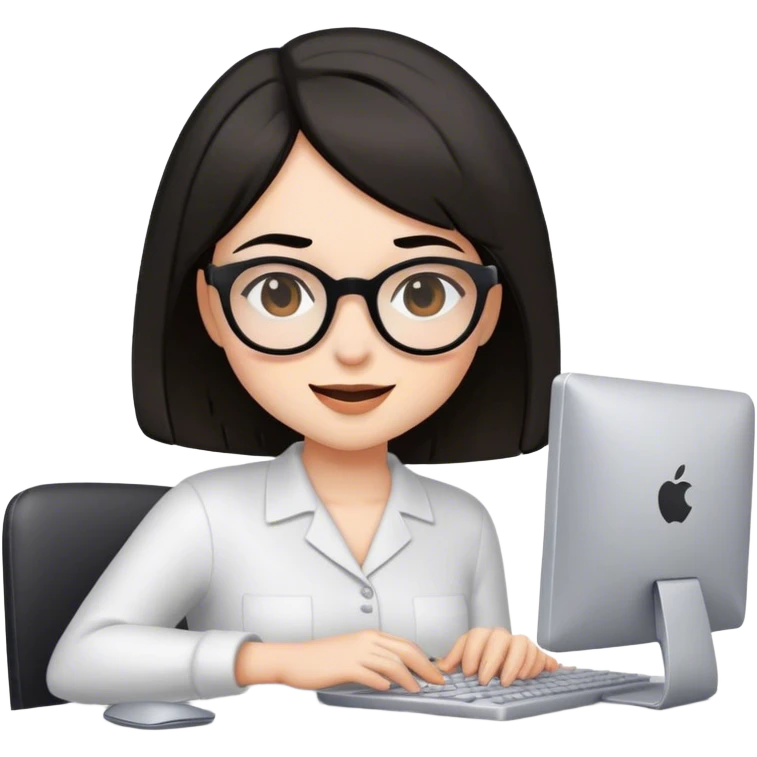 girl with black brown bob hair wearing glasses is winking while working on a computer emoji