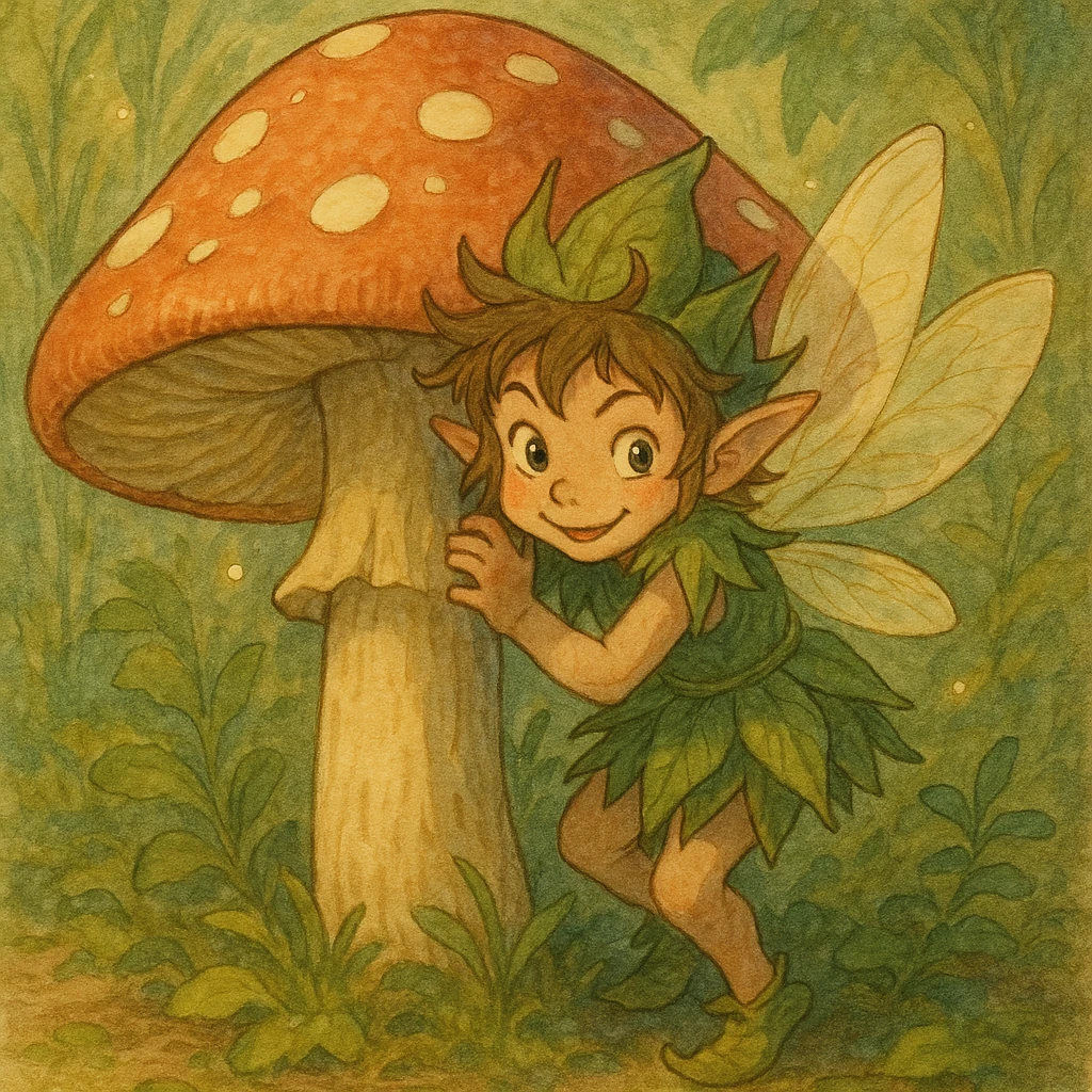 mischievous fairy peeking from behind mushroom, leafy attire, twinkling eyes, storybook illustration style emoji
