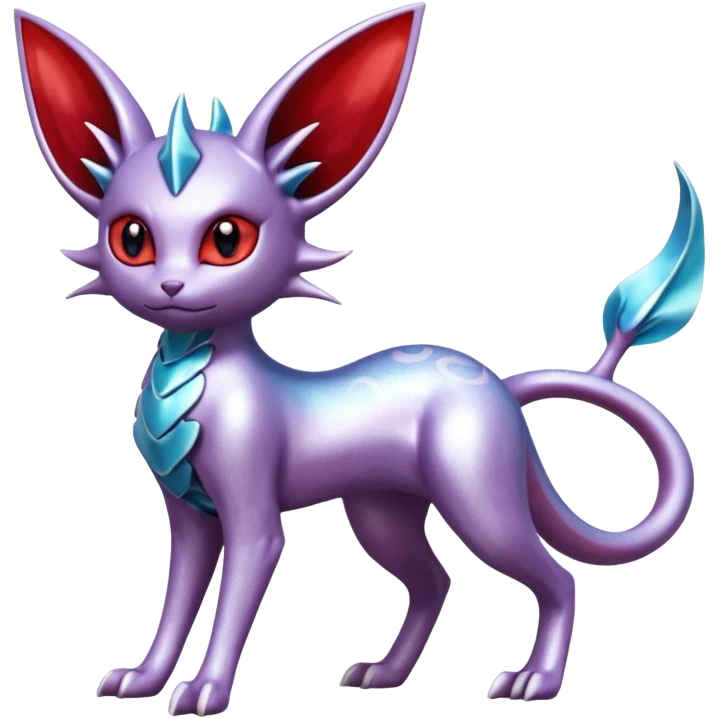 Mechanical Silvery Iridescent Miraidon-Espeon-Mewtwo-Vaporeon-Fakémon-hybrid-creature (full body)  with red eyes and intricate markings emoji