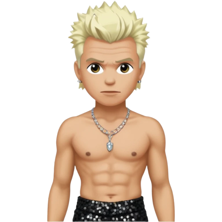 Billy Idol with platinum blonde hair, black sequin baggy pants, shirtless with necklace emoji