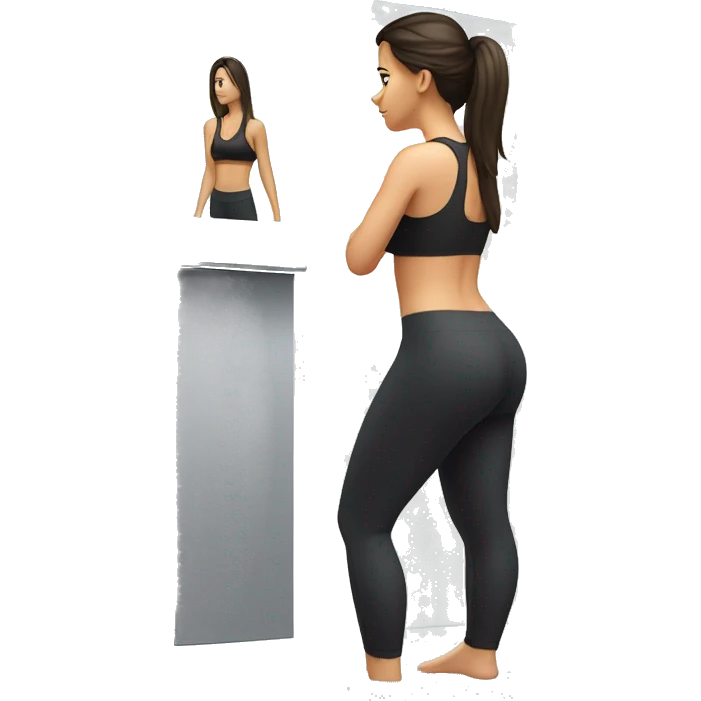 Side view of one fit brunette girl standing on a bathroom scale, looking down, wearing black leggings and a sports bra emoji