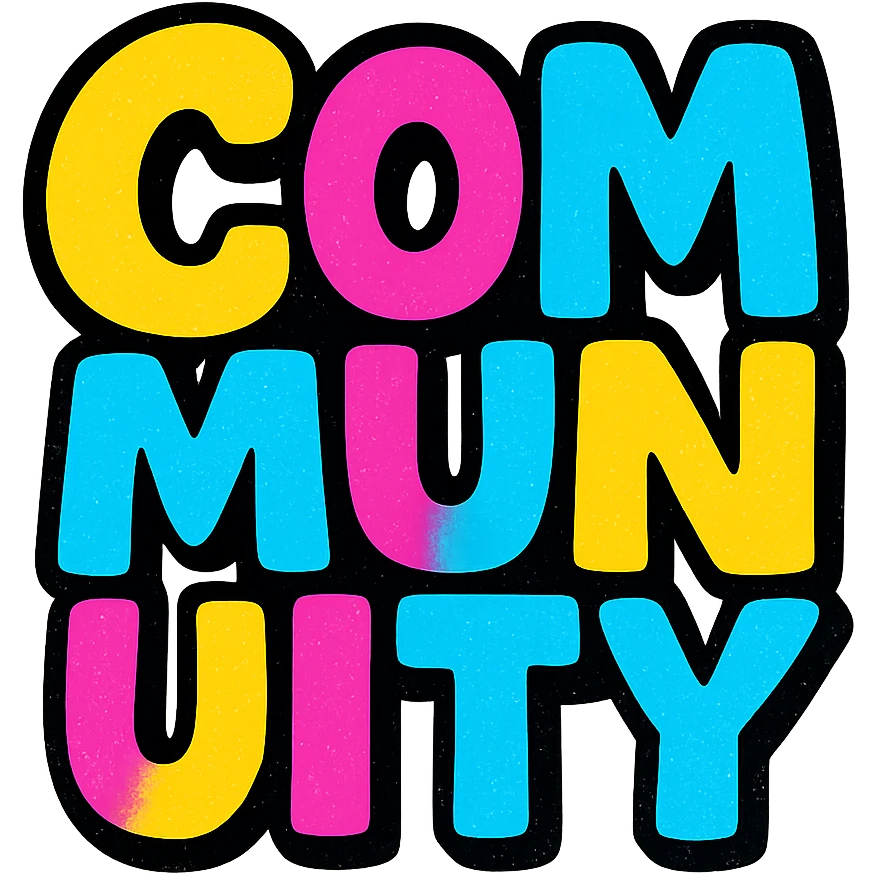 the word 'Community' in a square, playful rounded font, colorful, friendly, suitable for a sticker or app icon emoji