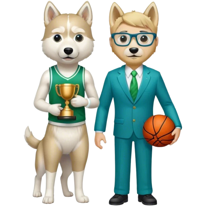 Full Body white husky male  wearing glasses with a goatee with dirty blond very short hair basketball head Coach in blue and green suit holding trophy emoji