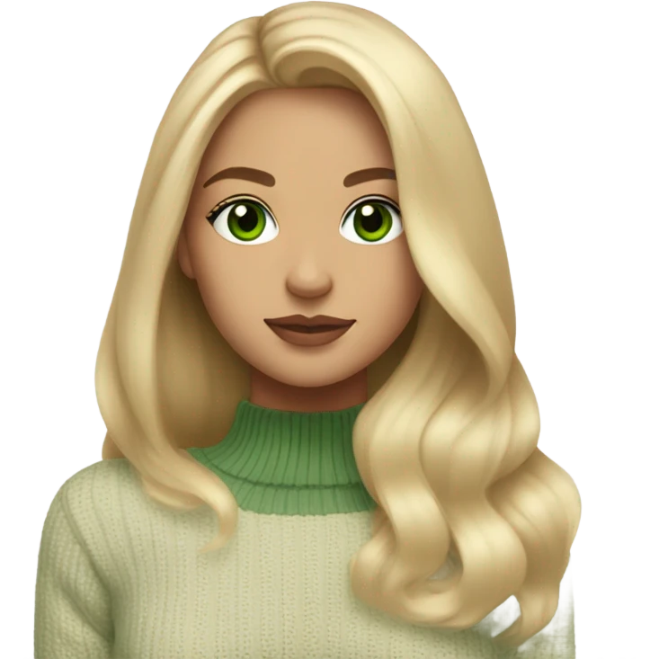 blonde girl with green eyes, smooth skin, sweater, long blow out hair, baddie, middle part emoji