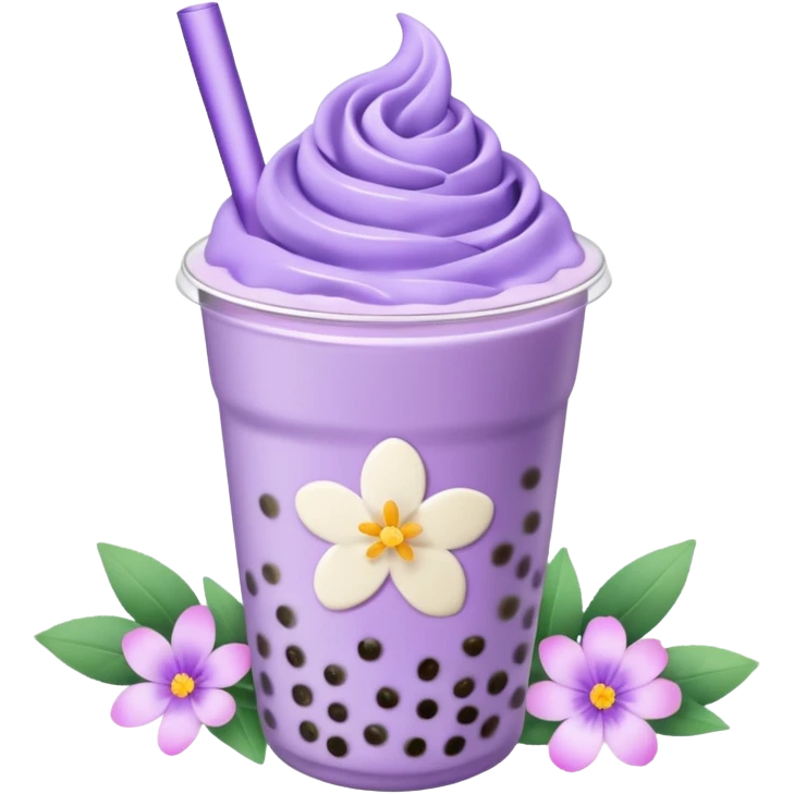 lavender milk tea boba with flower petals sprinkled on top  emoji