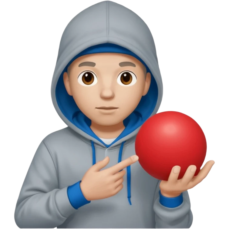 white rapper in a hoodie holding a blue ball in one hand and a red ball in the other emoji
