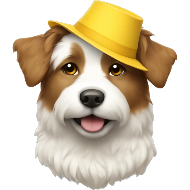 white and brown fluffy dog wearing a yellow paper hat emoji