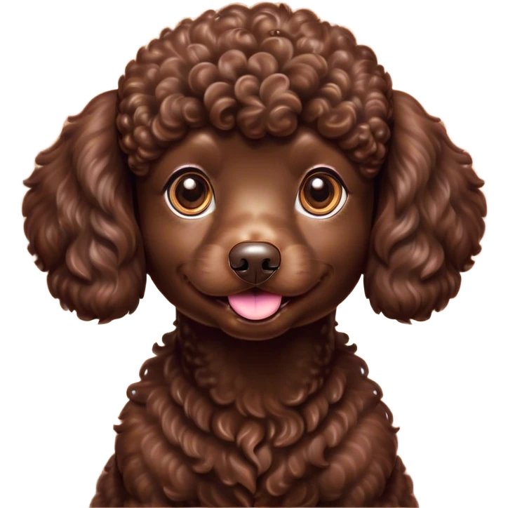 Cinematic Cute Chocolate Poodle Portrait Emoji, Head tilted playfully and inquisitively, showcasing a bouncy, curly chocolate Fur with a healthy sheen, round, sparkling brown eyes filled with curiosity, Simplified yet irresistibly adorable features, highly detailed, glowing with a warm, friendly glow, high shine, affectionate and lively, stylized with a touch of whimsy, bright and endearing, soft glowing outline, capturing the essence of a mischievous yet loving companion, so playful it feels like it could bounce out of the screen and into your arms! emoji