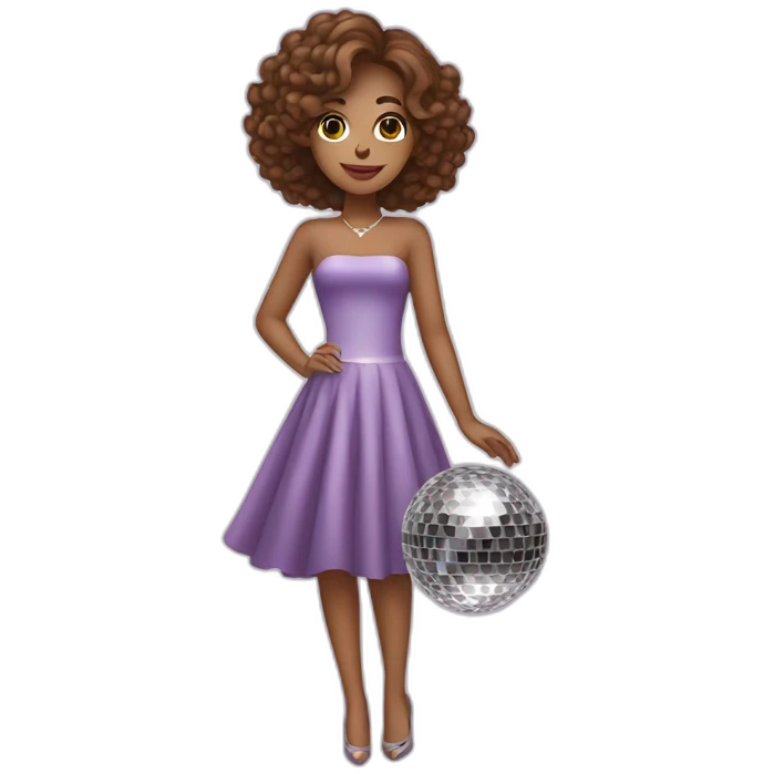 female with brown wavy hair dressed in a party dress and disco ball emoji