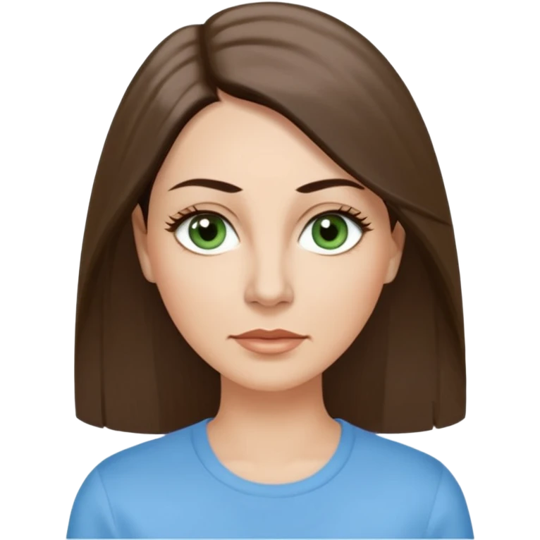 43. year old Adult woman avatar, light skin tone, long, oval face, long straight ashy brown hair, green almond-shaped eyes with dramatic eyelashes and minimal eyeliner, neutral mouth, medium straight eyebrows, small nose, smooth skin, sky blue shirt emoji