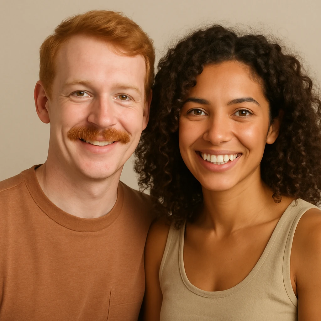 ginger man with brown eyes and a ginger mustache, next to a brown curly haired woman with green eyes and tan skin, both smiling, upper body, neutral background emoji