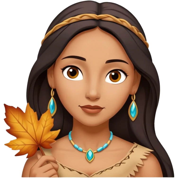 Cinematic Playful Pocahontas Portrait Emoji, Tilting her head with a knowing smirk, holding a delicate autumn leaf, eyes glimmering with adventure, an enchanting blend of confidence and charm, absolutely captivating! emoji