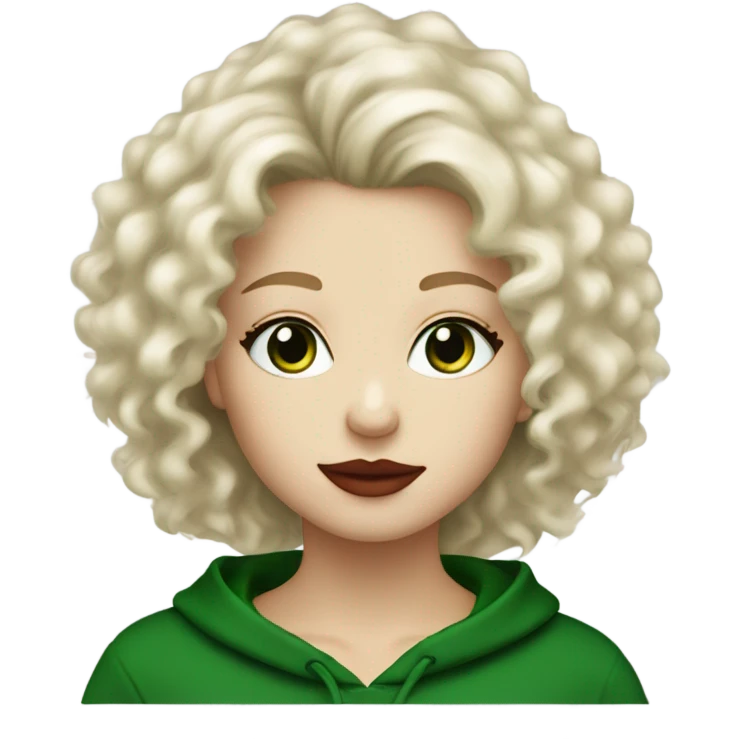 A beautiful white blond girl with fluffy hair, long length, red lips, green eyes, black hoody emoji