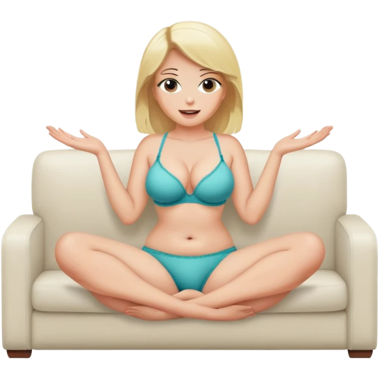 fullbody realistic busty blonde topless buxom in undies sitting on couch in comfy
missionary pose holding her legs up with hands sfw emoji