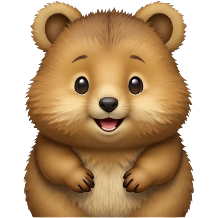 cinematic-quokka-realistic-emoji,-small-round-frame-balanced-on-tiny-strong-hind-legs,giant-fluffy-cheeks-large-smile-fluffy-brown-fur-radiating-a-warm-softness,-big-round-eyes-filled-with-joy, realistic emoji zoomed in emoji