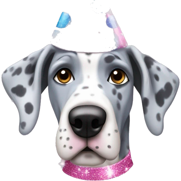 Blue Merle Great Dane wearing pink party hat with sparkles emoji
