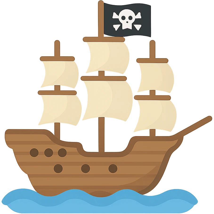 pirate ship with skull and crossbones flag, wooden sailing vessel with multiple sails emoji
