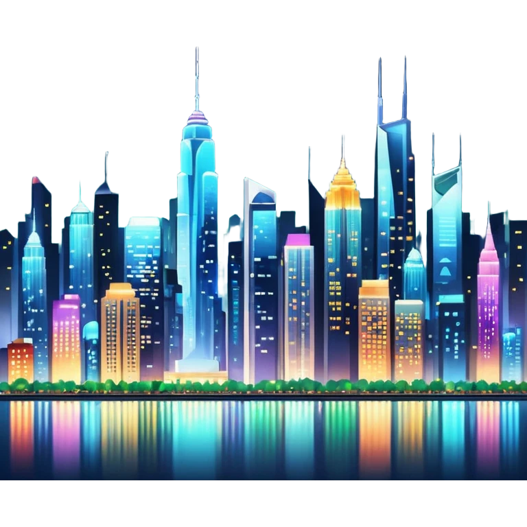 8k quailty, extremely high resolution. Stunning bustling city skyline at night, with detailed towering buildings, detailed colorful lights, urban-themed emoji