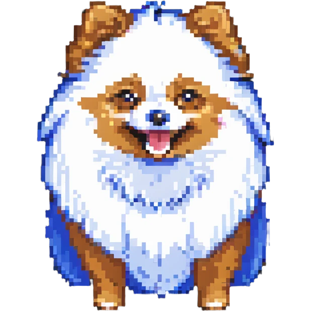 A pixel art representation of a Pomeranian Spitz with a happy face. emoji