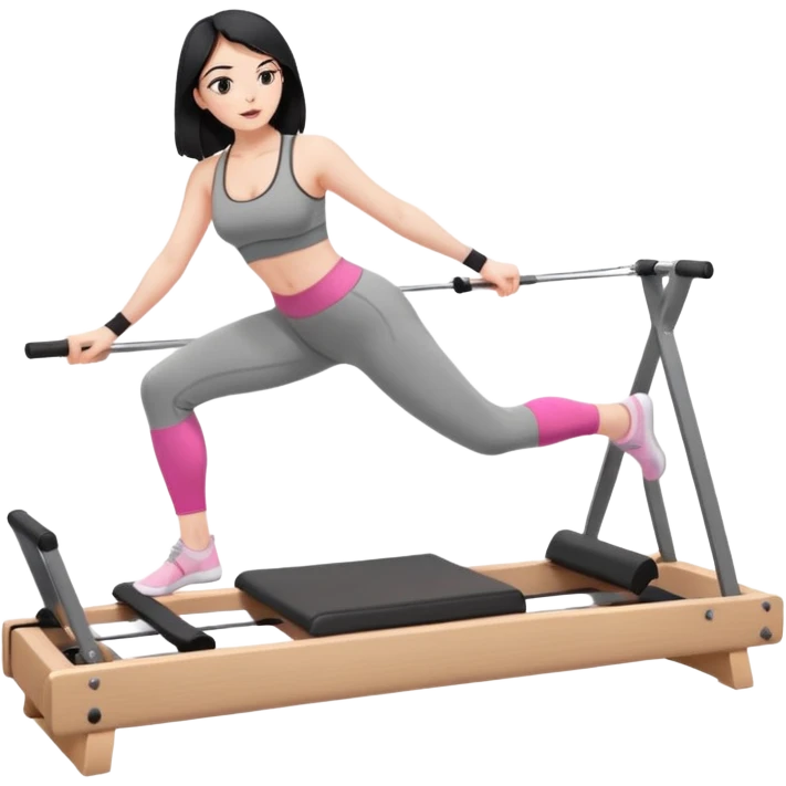 Create a Pilates emoji: a girl with fair skin and black hair, wearing a grey bra and grey leggings with pink pilates socks, on all fours on a wooden reformer. Make it look at the reformer. Make the colors neutrals. emoji