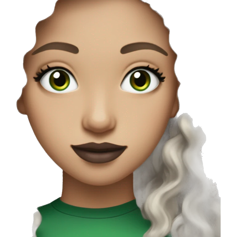 white 25-year-old pretty girl with very green eyes and black long curly hair, cute earrings, and green v-neck top, and mascara and mauve lipstick emoji