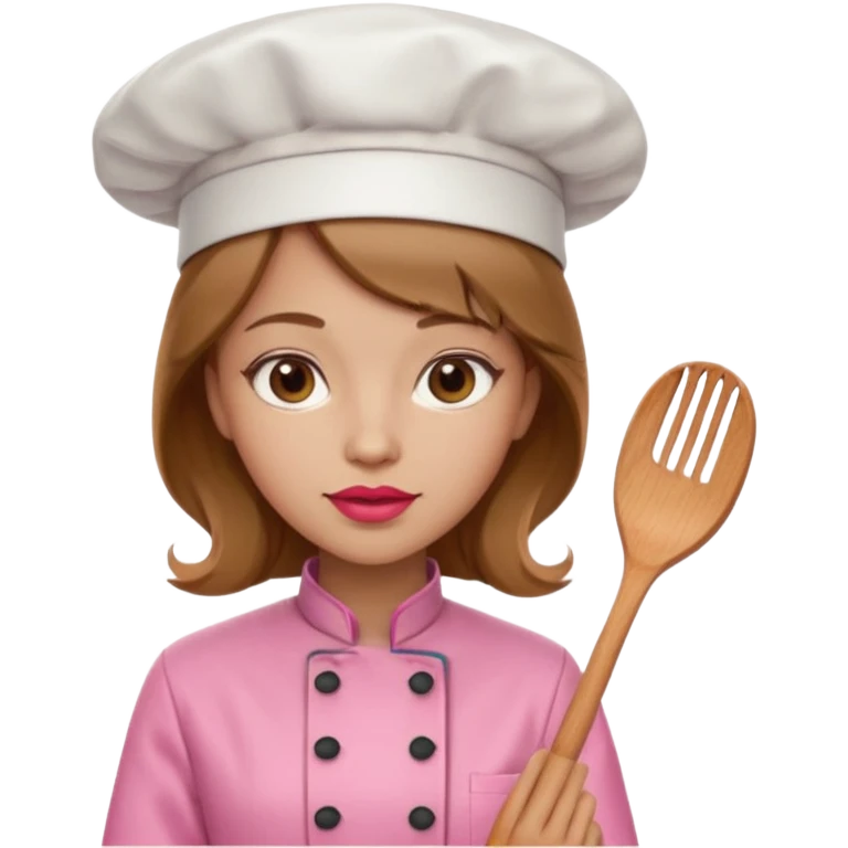 Girl in pink chef outfit, light brown hair, light skin, red lipstick emoji